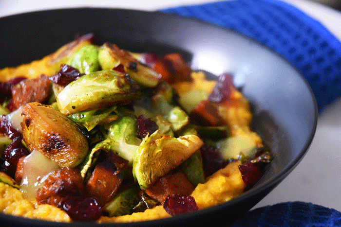 Pumpkin Polenta with Brussels Sprouts + Sausage
