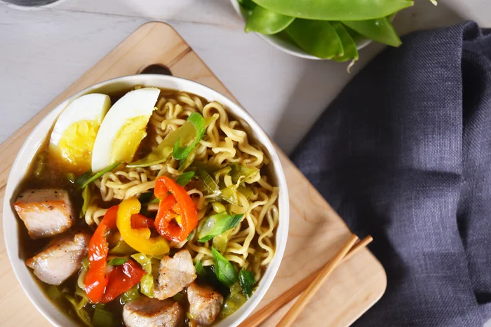 Ramen with Pork, Eggs + Snow Peas