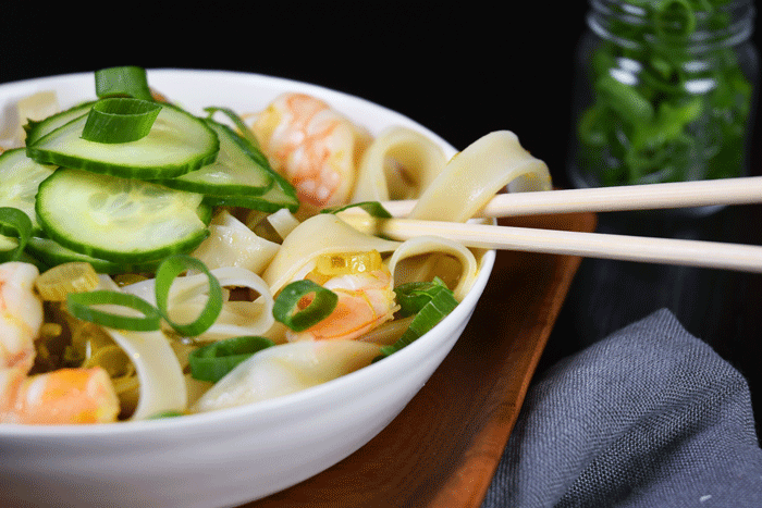 Spicy Asian Noodle Soup Bowls with Pickled Cucumbers