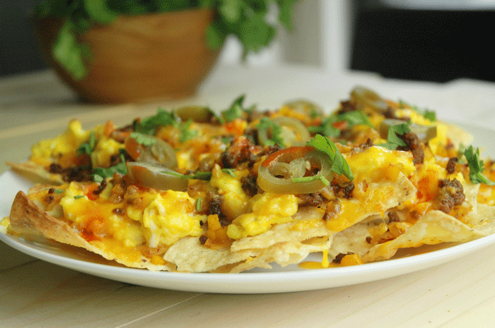 Breakfast Nachos with Eggs, Cheese + Beef