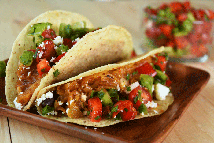Spaghetti Squash Tacos with Sweet + Spicy Pepper Salsa