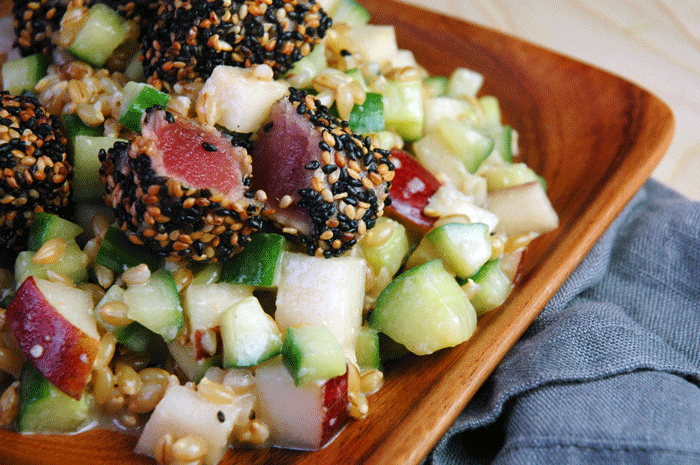 Pear + Cucumber Salad with Tuna Croutons