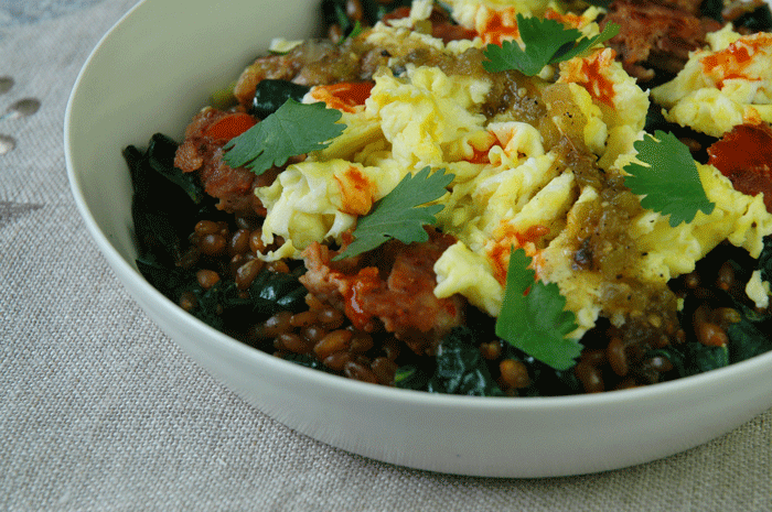 Breakfast Bowls with Wheat Berries + Kale