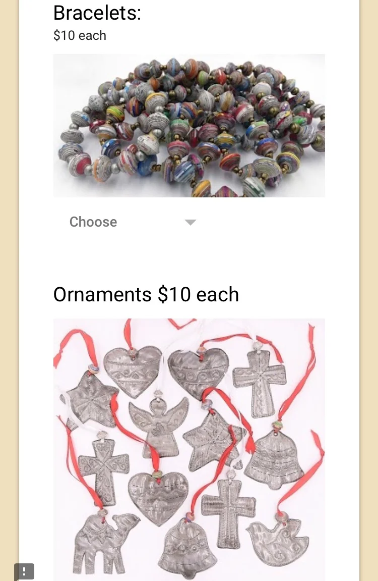Bracelets and ornaments keeping Haitian families together and bring home an orphan from Haiti. https://docs.google.com/forms/d/e/1FAIpQLSc-lfLIrG4UKDdlbKDYSq_09GpmSY1O9ZVMpN_BmXr0LXYi8w/viewform