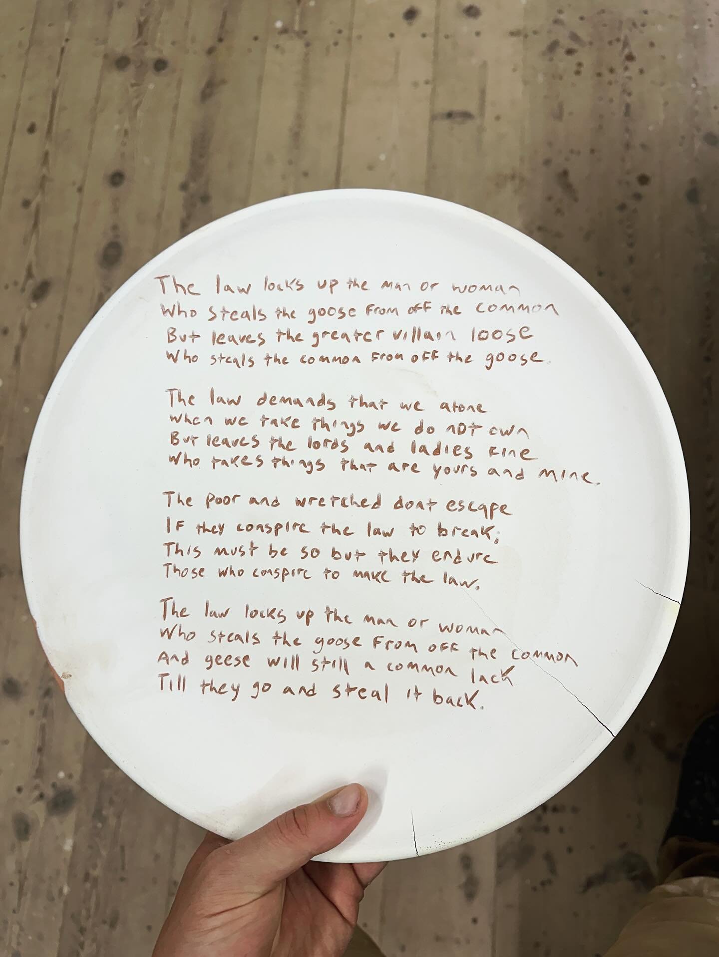 Made this plate a couple of months ago after listening to the new hunger games book, where this old English folk poem was a refrain. Plate cracked in the kiln but I kept it around &amp; returning to it now on no kings day. Just as relevant today as i