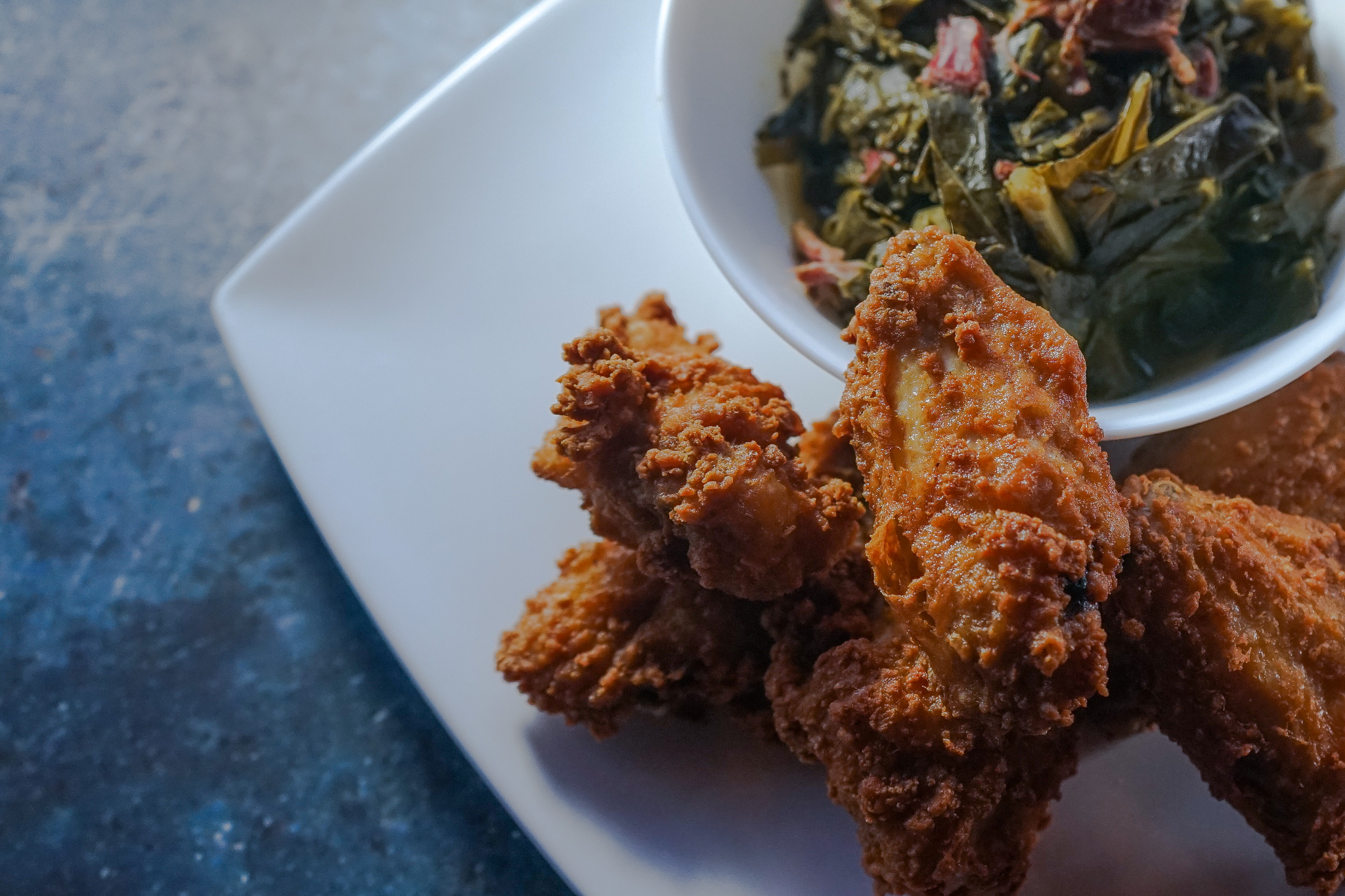 Boogaloo Wings. smoked turkey collard greens.