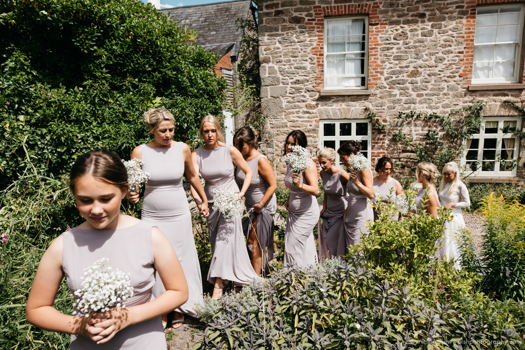 A long line of bridesmaids prepare to walk through the rose gardens