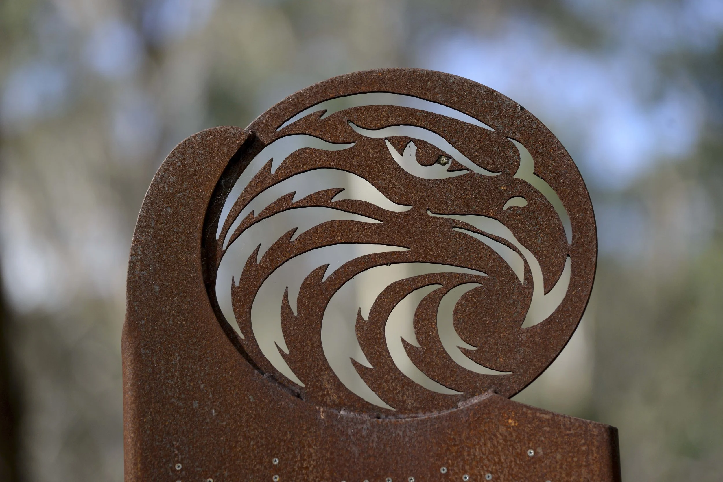 Bunjil the Eagle overlooks the interpretative signs at Pound Bend, Warrandyte.