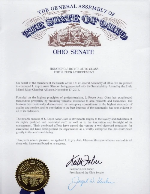 Recognition from the Ohio Senate for achievement in sustainability!