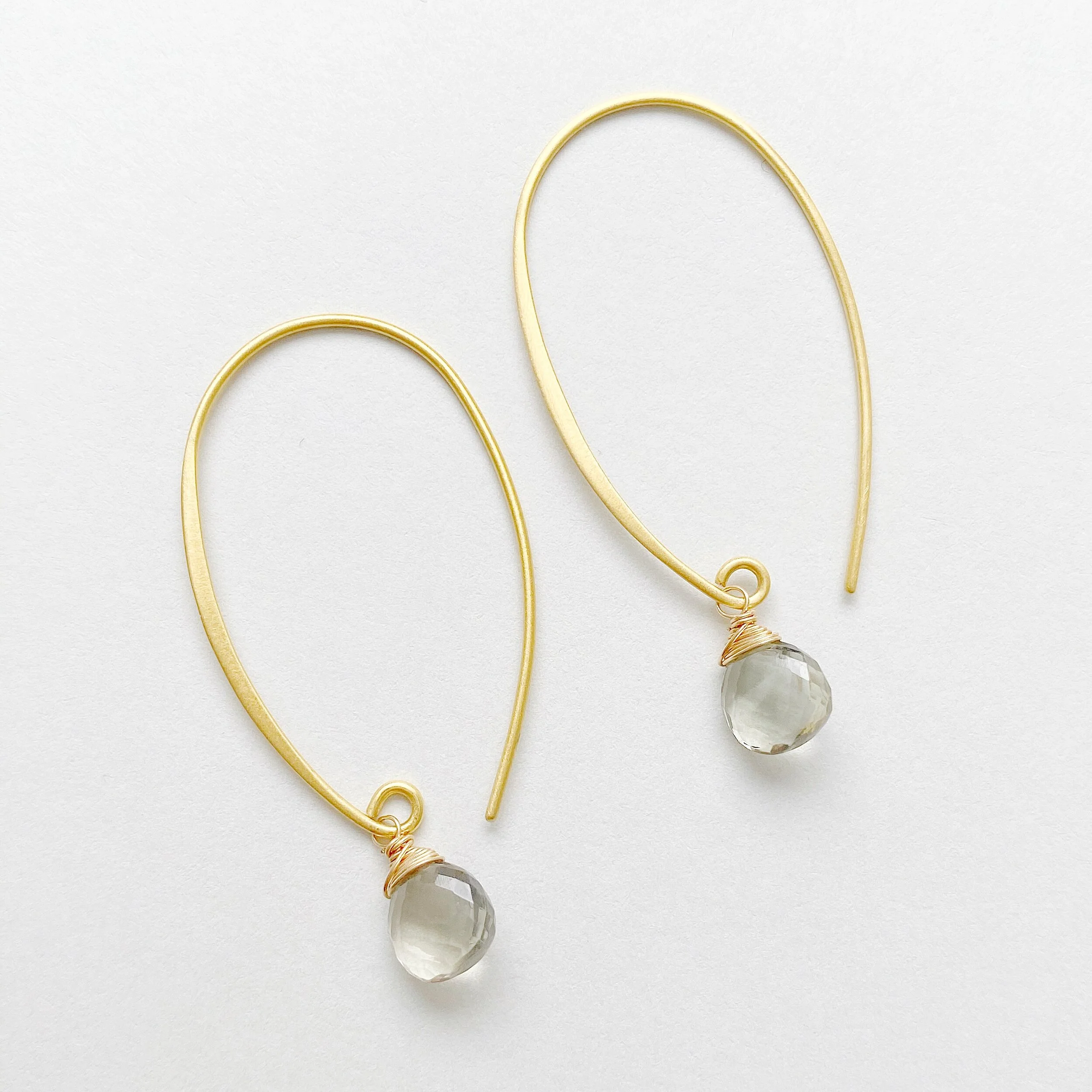 Green Amethyst and Gold Flattened Hoop Handmade Earrings