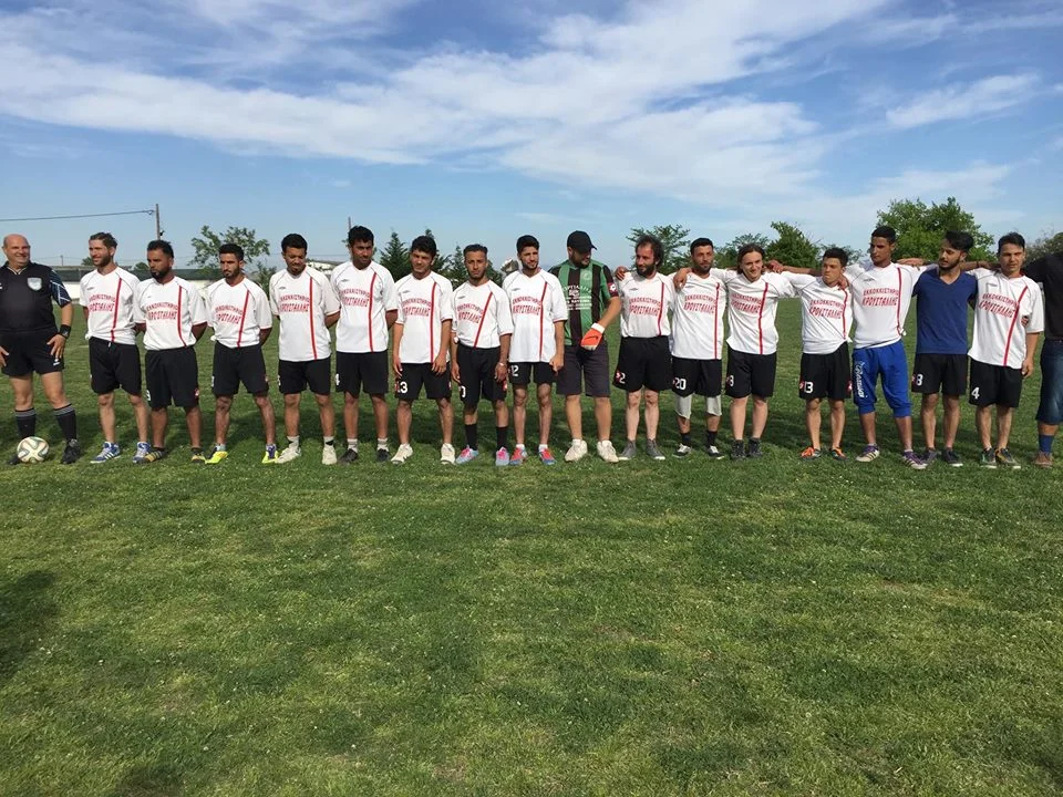 our boys with shirts donated by Nikos and his contacts - they need boots and shin pads tho!