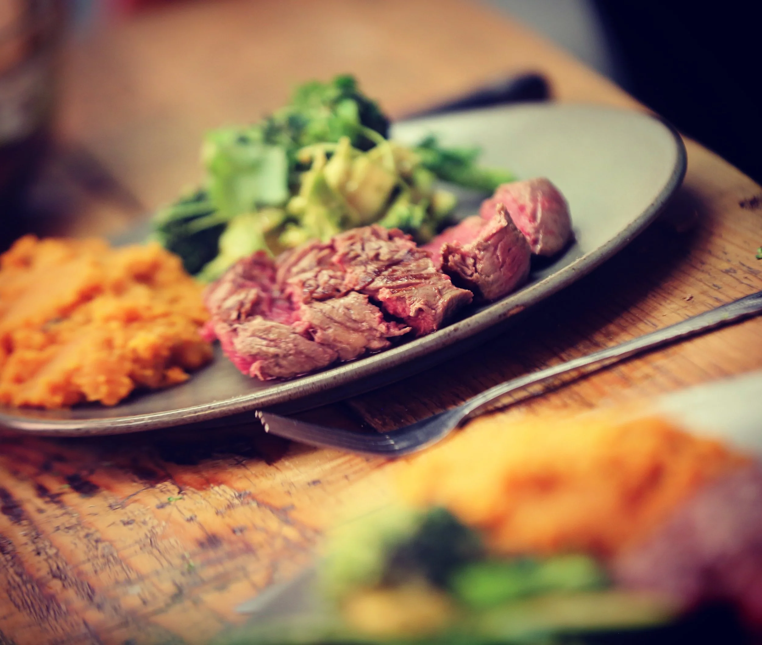 Sweet Potato Mash, Avocado & Brocoli salad with Steaks