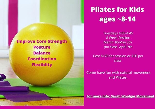 Pilates for kids!  This 8 week class will help your child build core strength, coordination and flexibility.  Core strength is important for good posture, injury prevention and did you know...? your child&rsquo;s neurology as well.  Using  Pilates an