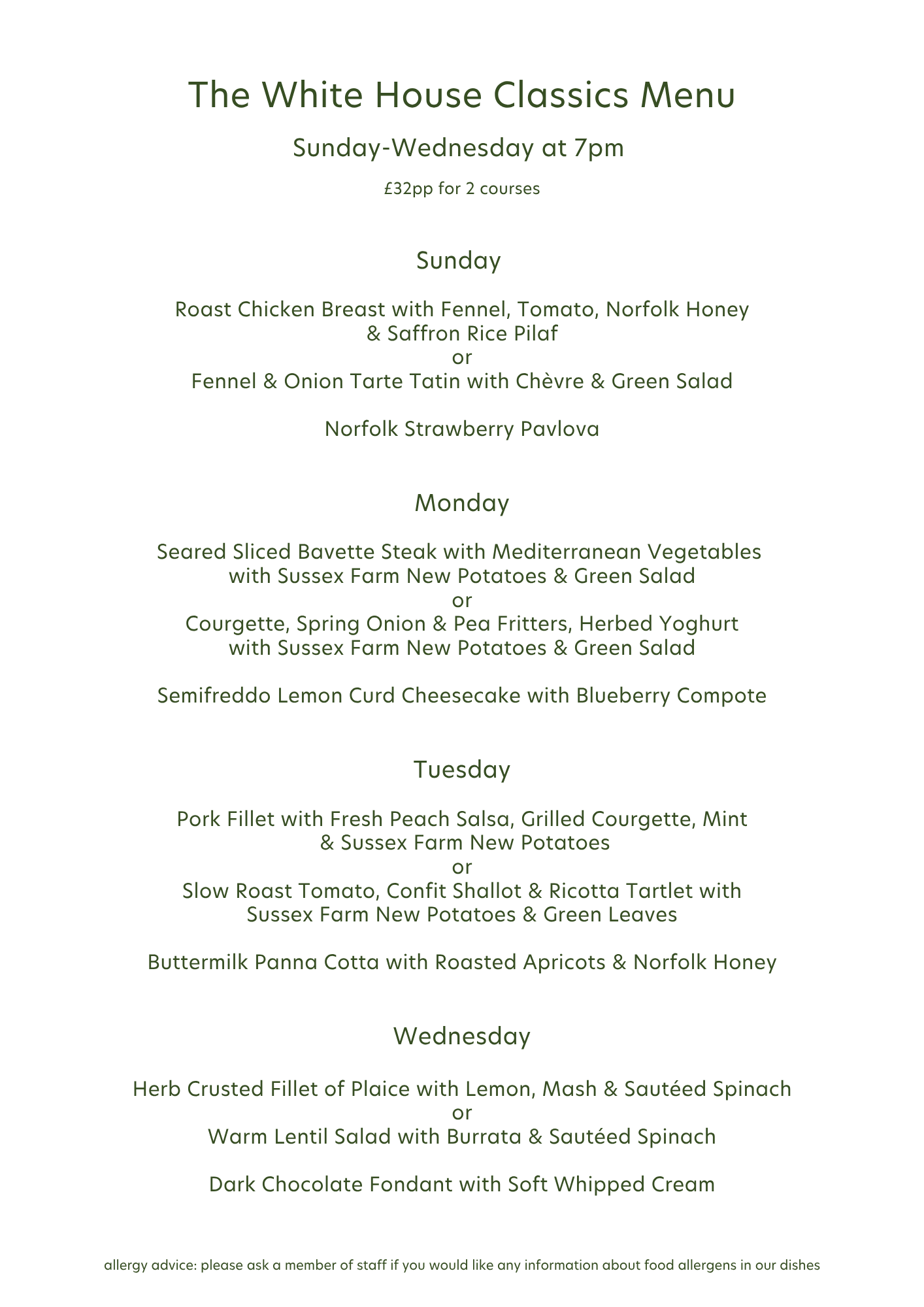 A menu showcasing the White House Classics for Sunday to Wednesday, including various lunch and dinner options with descriptions of dishes such as roast chicken, terrines, fish, and desserts.