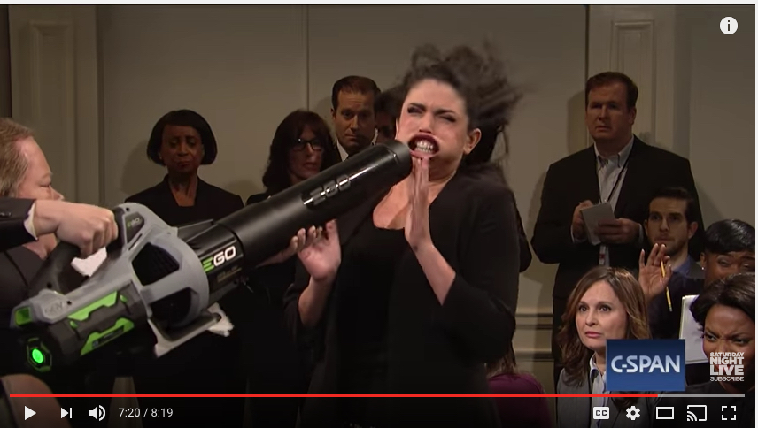 Quiet, clean, yet demonstrably powerful electric leaf-blower in use in DC, as shown in screenshot from Saturday Night Live on February 11, 2017. Embedded video of the "cold open" is below.