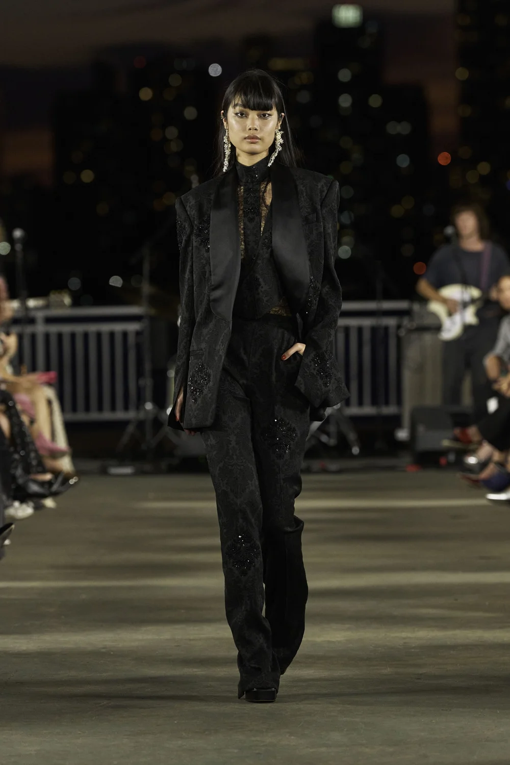 NOIR JACQUARD TUXEDO JACKET, VEST, HALTER, AND TROUSER WITH LACE TOP