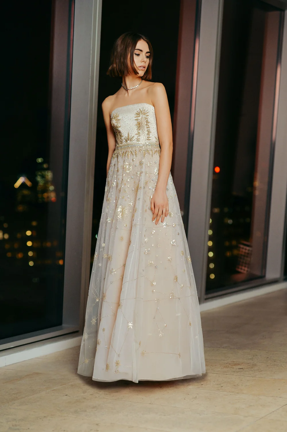 embroidered constellation dress Off-Shoulder Long A-Line Prom Dress Bahama Blue / 10