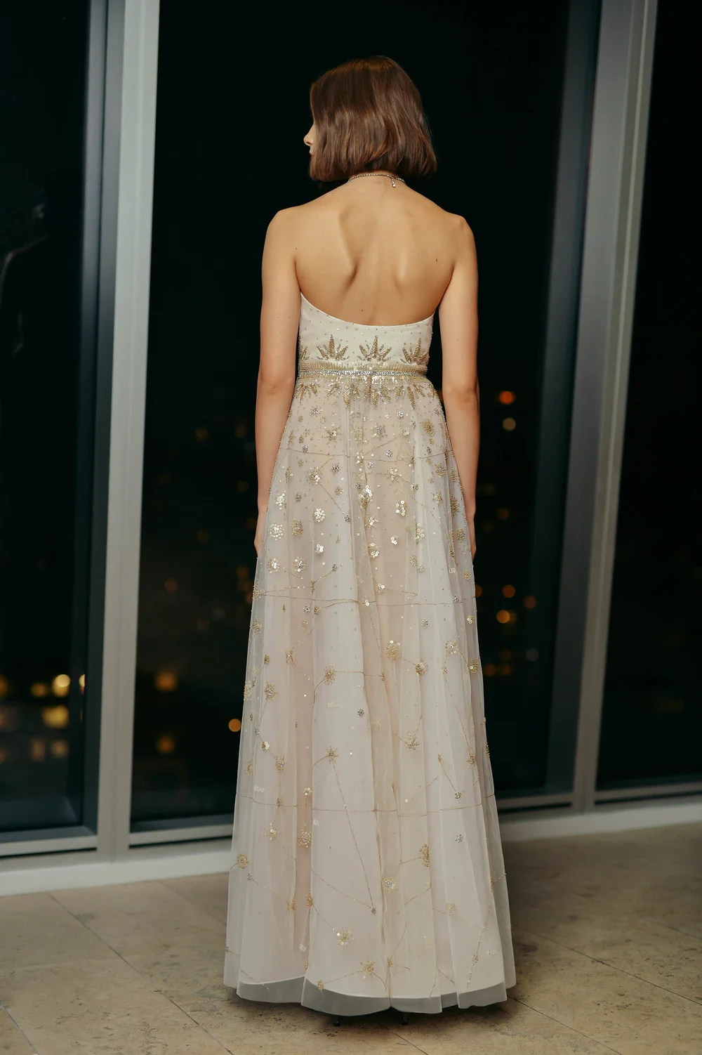 embroidered constellation dress Embroidered White Flared Dress with Blue Accents main image 0