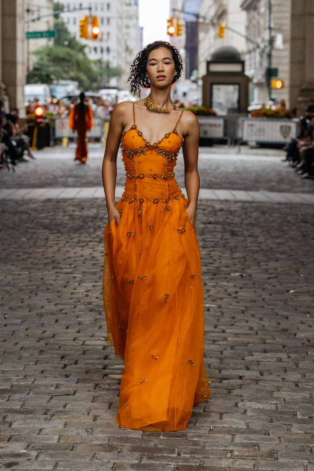 TANGERINE GILDED LEAVES DRESS  CUCCULELLI SHAHEEN