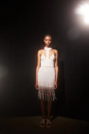 ASYMMETRIC PEARLS GEO FRINGE DRESS
