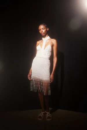 ASYMMETRIC PEARLS GEO FRINGE DRESS