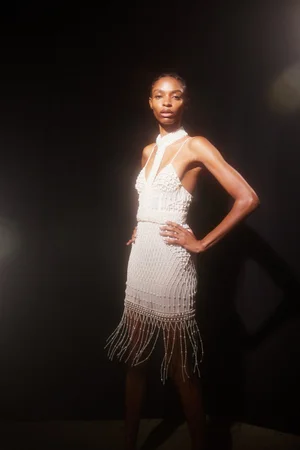 ASYMMETRIC PEARLS GEO FRINGE DRESS