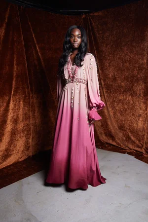 DEGRADÉ PENDANT MEDALLION BLUSH CAPED DRESS & HALTER