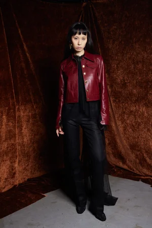 WINE LEATHER JACKET AND CAPED TOP