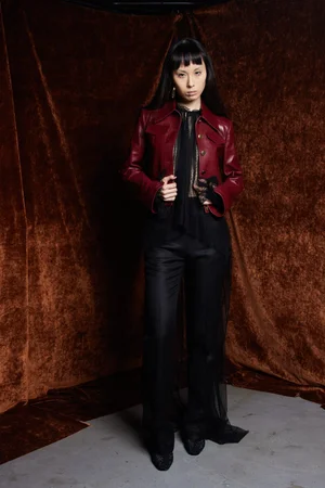 WINE LEATHER JACKET AND CAPED TOP