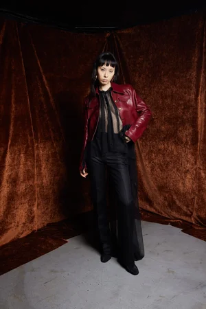 WINE LEATHER JACKET AND CAPED TOP
