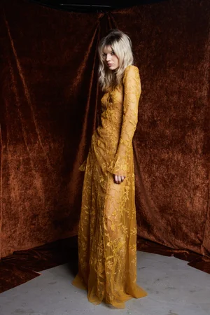 CHANTILLY LACE OCHRE SLEEVED DRESS