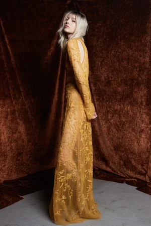 CHANTILLY LACE OCHRE SLEEVED DRESS