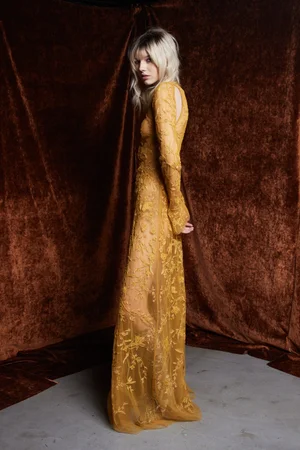 CHANTILLY LACE OCHRE SLEEVED DRESS