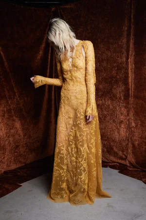CHANTILLY LACE OCHRE SLEEVED DRESS