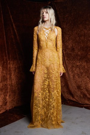 CHANTILLY LACE OCHRE SLEEVED DRESS