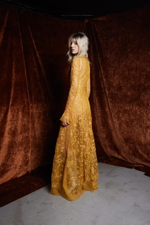 CHANTILLY LACE OCHRE SLEEVED DRESS