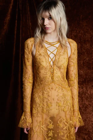 CHANTILLY LACE OCHRE SLEEVED DRESS