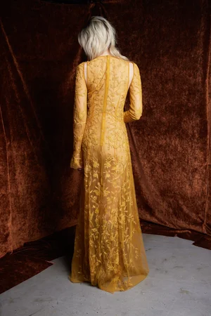 CHANTILLY LACE OCHRE SLEEVED DRESS