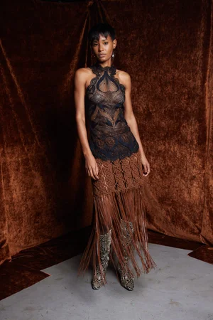 VEGAN LEATHER MACRAMÉ SKIRT AND AMORE LACE RACER TOP