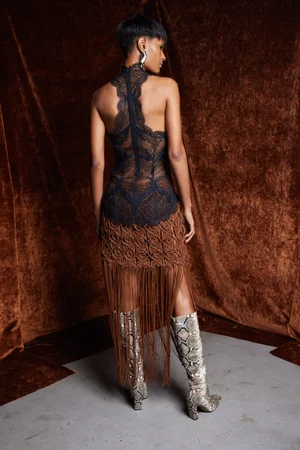 VEGAN LEATHER MACRAMÉ SKIRT AND AMORE LACE RACER TOP