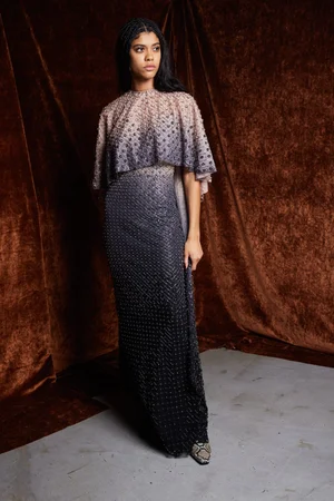DEGRADÉ FLORAL GRID DRESS AND CAPE