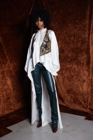 MEMENTO FIORI VEST, CAPED TOP, AND VEGAN LEATHER TROUSER