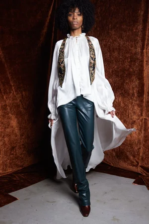 MEMENTO FIORI VEST, CAPED TOP, AND VEGAN LEATHER TROUSER