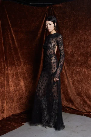 CHANTILLY LACE NOIR SLEEVED DRESS