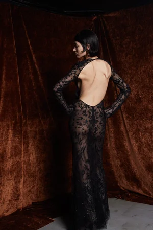 CHANTILLY LACE NOIR SLEEVED DRESS