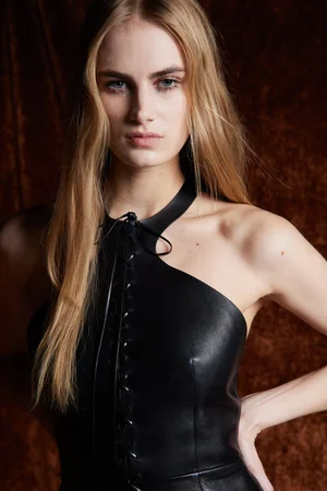 BLACK LEATHER AND LACE FIL COUPÉ TROUSER