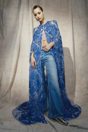 BLUE IRIS WOVEN RINGS HOODED CAPE