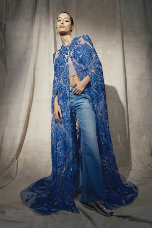 BLUE IRIS WOVEN RINGS HOODED CAPE