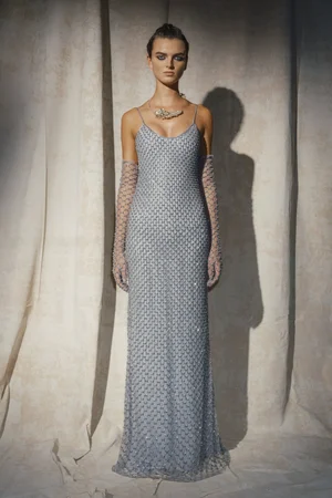 WATER BLUE RETE CRISTAUX DRESS AND GLOVES