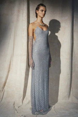WATER BLUE RETE CRISTAUX DRESS AND GLOVES